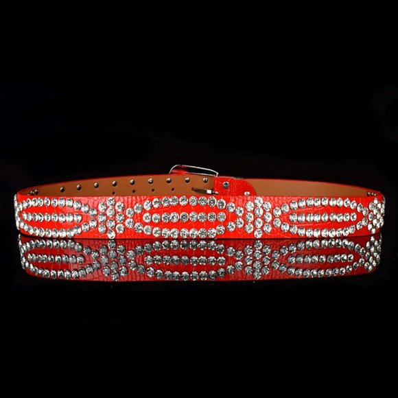 Vegan Red Faux Crocodile Embossed Rhinestone Belt - Picture 4 of 4